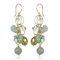 Circle Chain Earrings with Aquamarine, Green Amethyst, Apatite and Gold Pearls