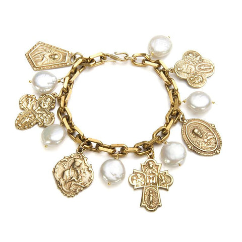 Picture of White Coin Pearls and Six Bronze Religious Medals on a Vintage Chain