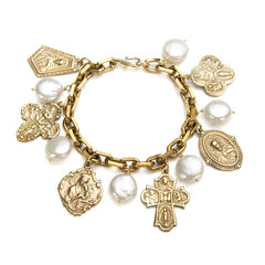 White Coin Pearls and Six Bronze Religious Medals on a Vintage Chain