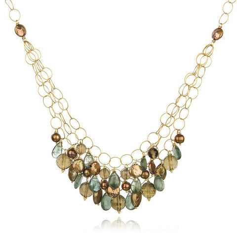 Picture of Moss Aqua, Bronze Pearls and Smokey Quartz Crystal Necklace