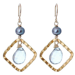 Sky Quartz Drops in Diamond Shaped Vermeil Earrings with Pearl Accents