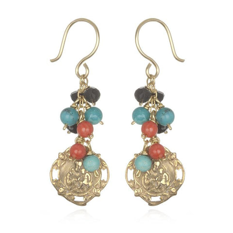 Picture of Coral, Onyx and Turquoise Accents on Red Bronze Miraculous Medal Earrings