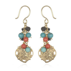 Coral, Onyx and Turquoise Accents on Red Bronze Miraculous Medal Earrings