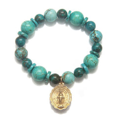 Turquoise and Aqua Jasper Bracelet with Red Bronze Medal