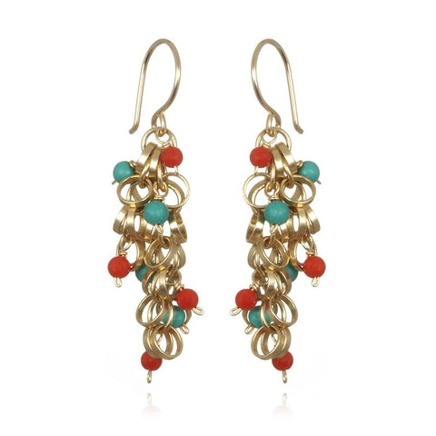 Picture of Chain Cluster Earring with Turquoise and Coral Accents