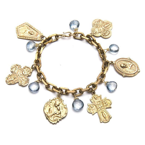 Picture of Blue Quartz Accents with Six Red Bronze Medals on Vintage Chain Bracelet