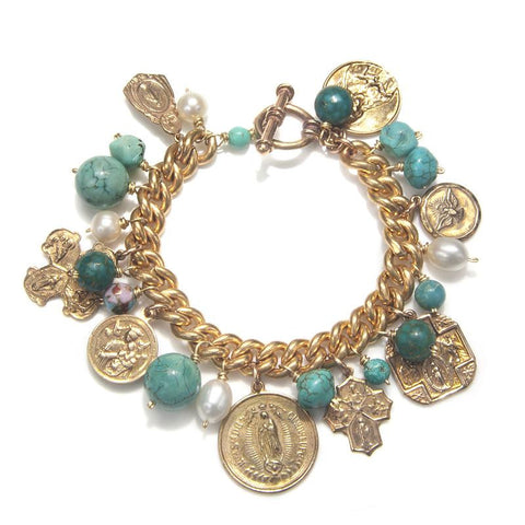 Picture of Turquoise, Pearls, Cloisonne Beads and 7 Red Bronze Medals all on a Vintage Chain Bracelet